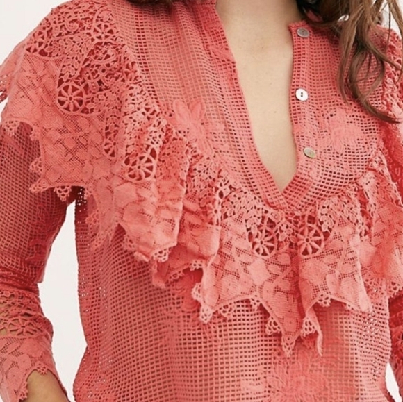 Free People Jen's Pirate Booty Lace Ruffled Sea Side Net Mesh Bohemian blouse - Picture 1 of 9